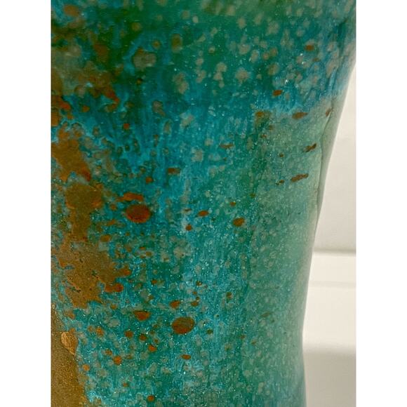 Pisgah Forest Pottery 1950's Trumpet 6.75" Tall Turquoise Gold Vase with Pink - Picture 13 of 14